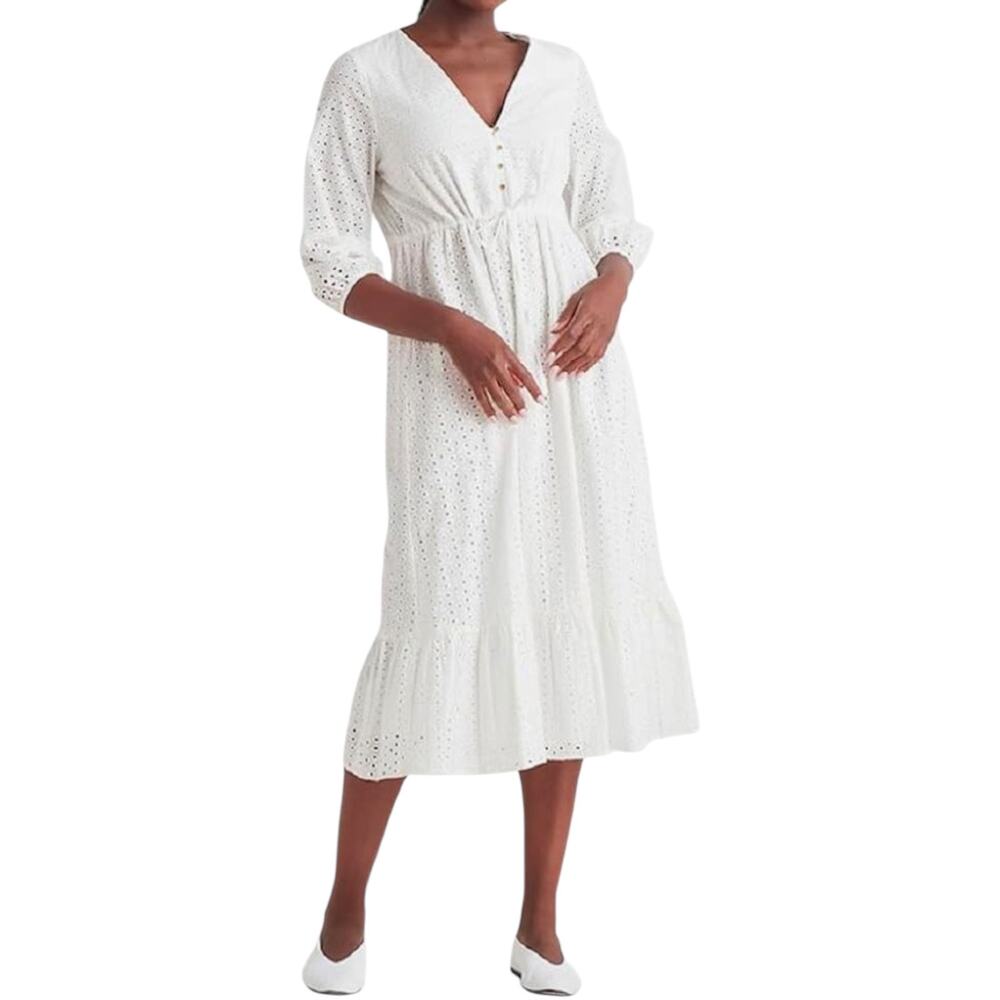 Black Tape_ Dress Womens XL Midi Cottagecore Buttoned Eyelet Embroidered